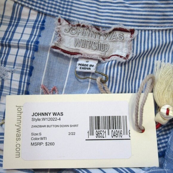 NWT Johnny Was Workshop Zanzibar Shirt in Blue Plaid Embroidered Pearl Snap S - Picture 3 of 8